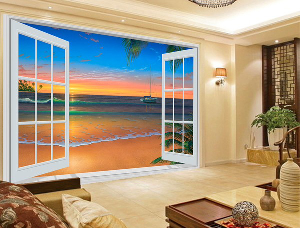 Fönster tapet utsikt solnedgång romantisk tapet hav strand fototapet