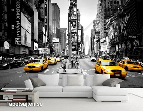 Motivtapet  New York tapet times square taxi fototapet fondvägg vardagsrum stad svart vit