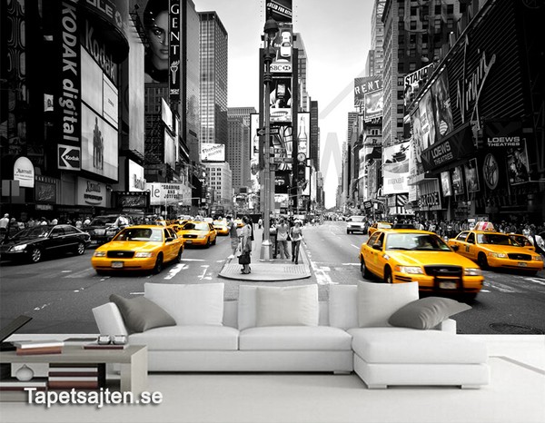 New York Tapet Svart Vit New York tapet times square taxi fototapet fondvägg vardagsrum stad svart vit