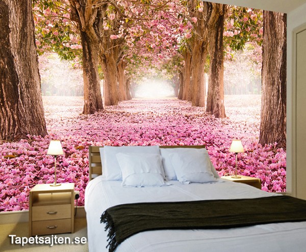 Skog Tapet körsbärsträd Japansk Körsbärsblom Cherry Blossom Romantisk Rosa Gång Tunnel Fototapet Skog Träd Tapet skogtapet