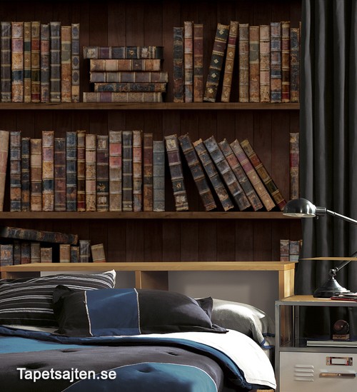 tapet bokhylla motiv bibliotek fototapet böcker fondtapet bokryggar sovrum