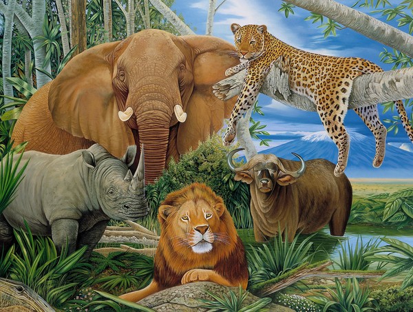 Tapet med elefant, Noshörning och lejon