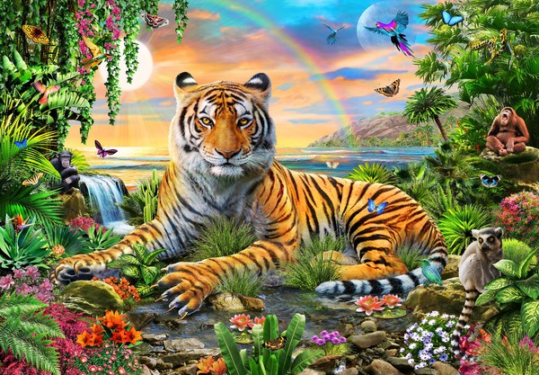 Tiger tapet med djungel och regnbåge