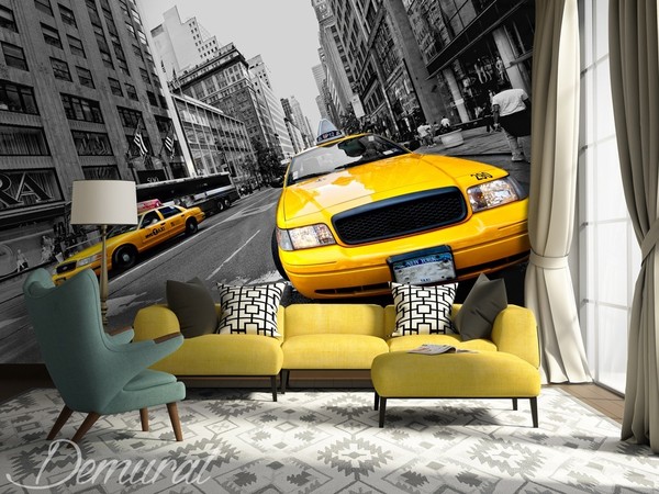 New york tapet taxibil stad svartvit fototapet vardagsrum 3d street view