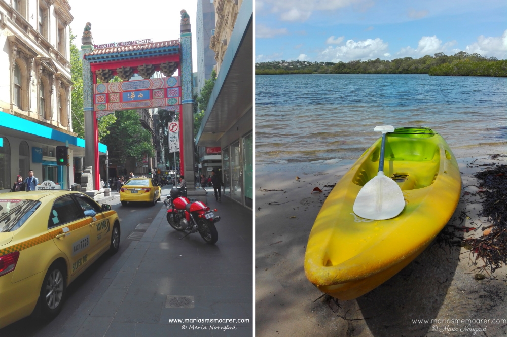 fototema transport / färdmedel: taxi och motorcykel i Melbourne chinatown, kajak i Noosa Australien