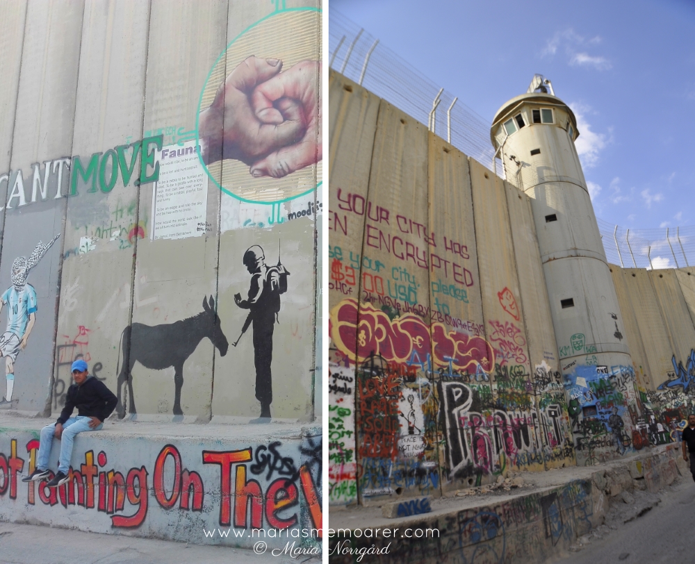 politisk konst / graffiti vid Israels barriär på Västbanken