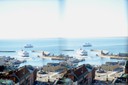 3D översiktsbild från Kärnan visar Helsingborgs hamn bl.a. färjetrafik.