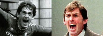 Till vänster: Dalglish jublar efter ett mål på Stamford Bridge mot Chelsea, 1986. Till höger: Dalglish som tränare för Blackburn det år man tog hem Premier League, 1995.