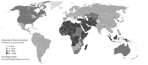 De mörklagda delarna är länder där omskärelse är vanligt