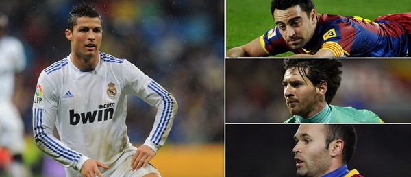 Cristiano Ronaldo, Xavi Hernandez, Lionel Messi & Andres Iniesta