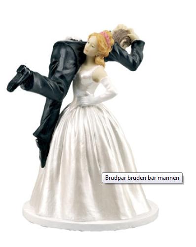 Bruden bär brudgummen uppslängd på axeln ;P det blir kanske den här.