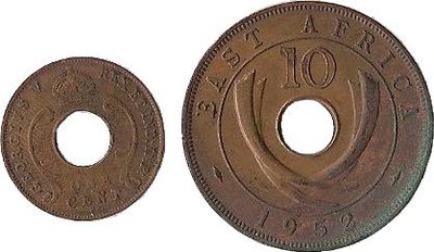 Mynt från den brittiska kolonialtiden i Tanzania (British East Africa). Ett 