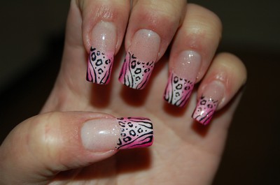 Just Love Them!  Gele with white tips & Airbrushed HOT Neon Pink with White & Black Zebra/Leopard Konad Stamp's :)