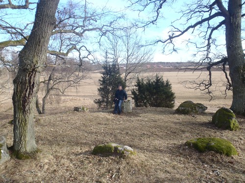 Harri Blomberg sitter på en sten, tillhörande en domarring på Tempelbacken i Götala 20120313.